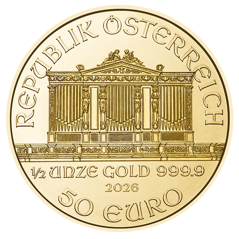 1/2 oz Gold Austrian Philharmonic — pictured 2026 BU obverse