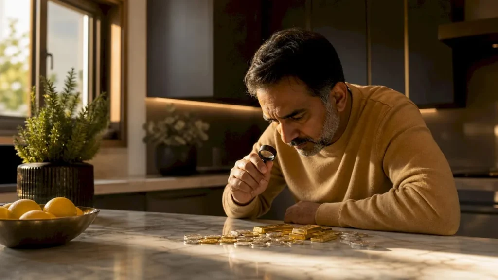 Man inspecting gold and silver coins at desk