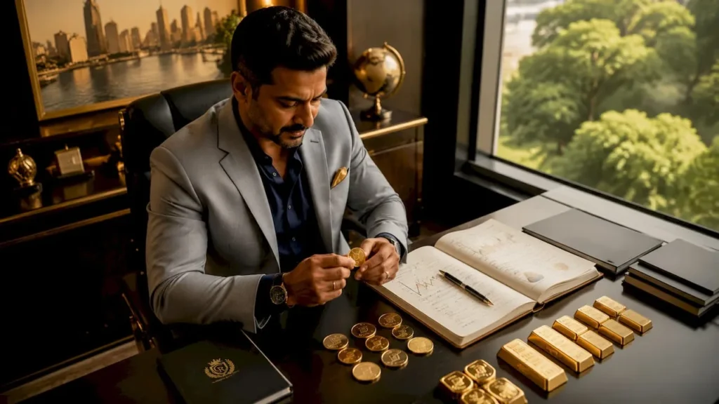 Financial advisor reviewing gold investment brochures