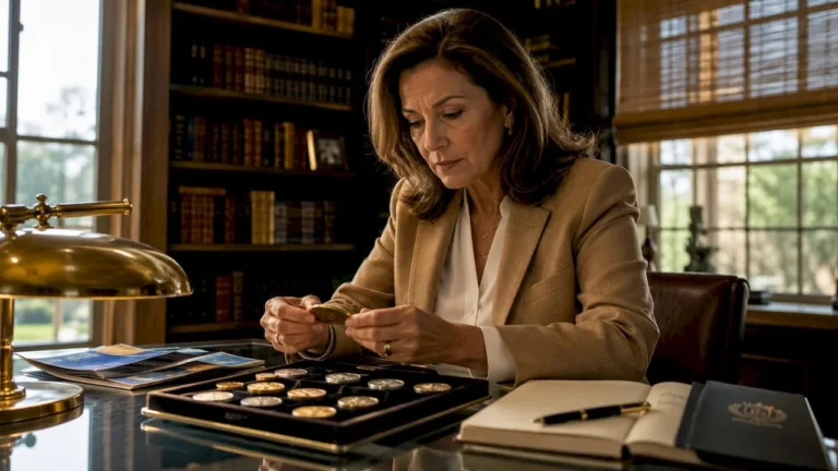 Investor examining physical precious metals at home office desk