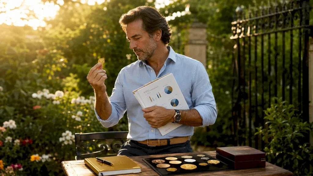 Investor reviewing physical precious metals portfolio at desk