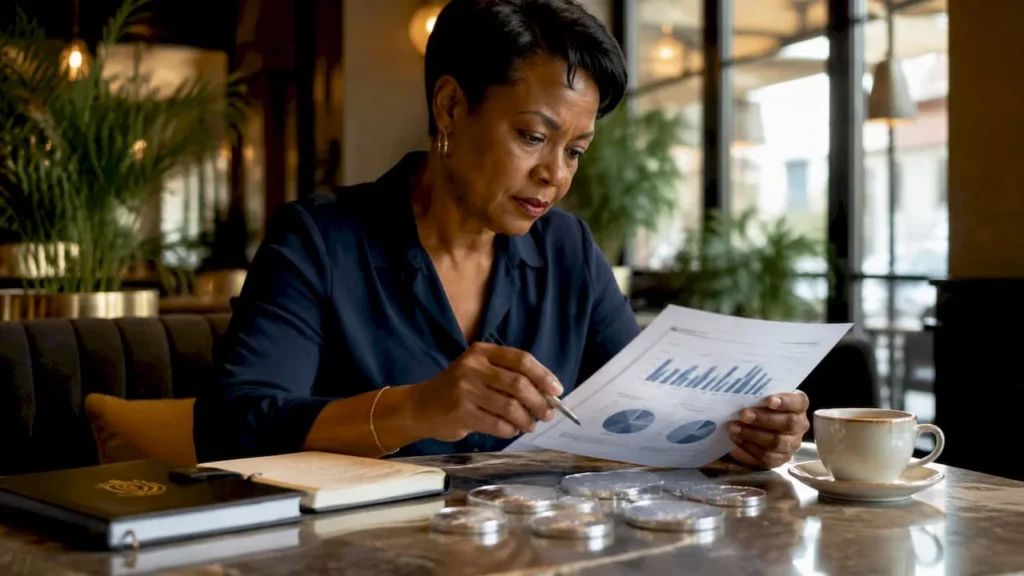 Financial analyst reviewing silver investment documents