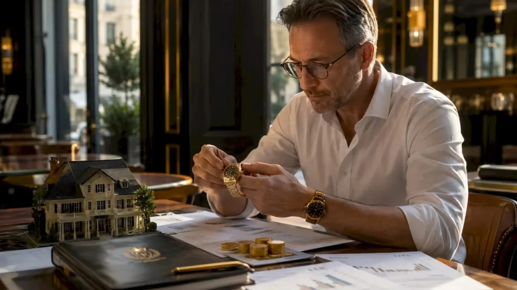 Investor reviewing various tangible assets on desk