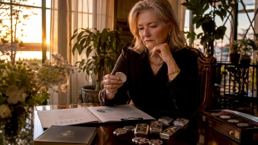 Investor reviewing palladium coins and retirement papers