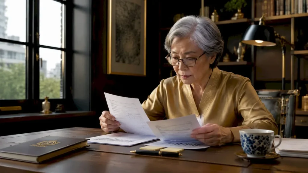 Retiree reviewing investment documents at home