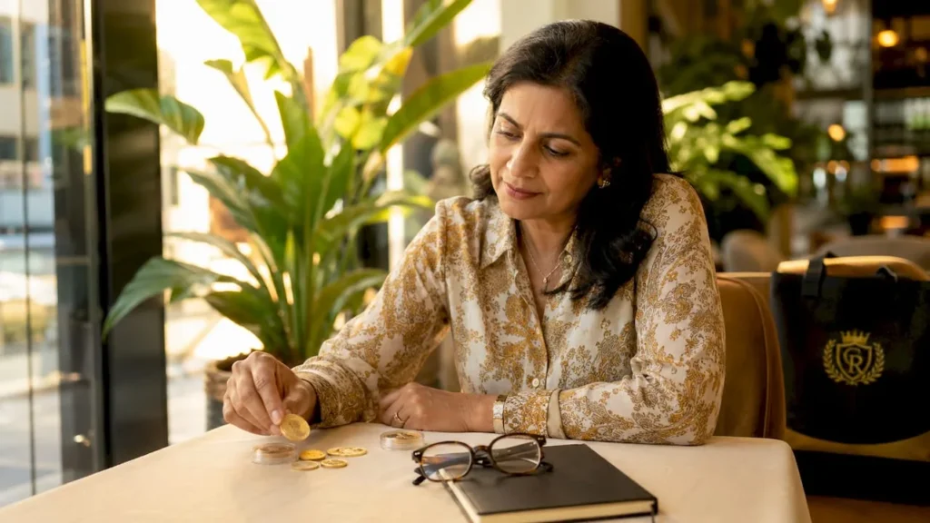 Woman examining gold coins at home desk