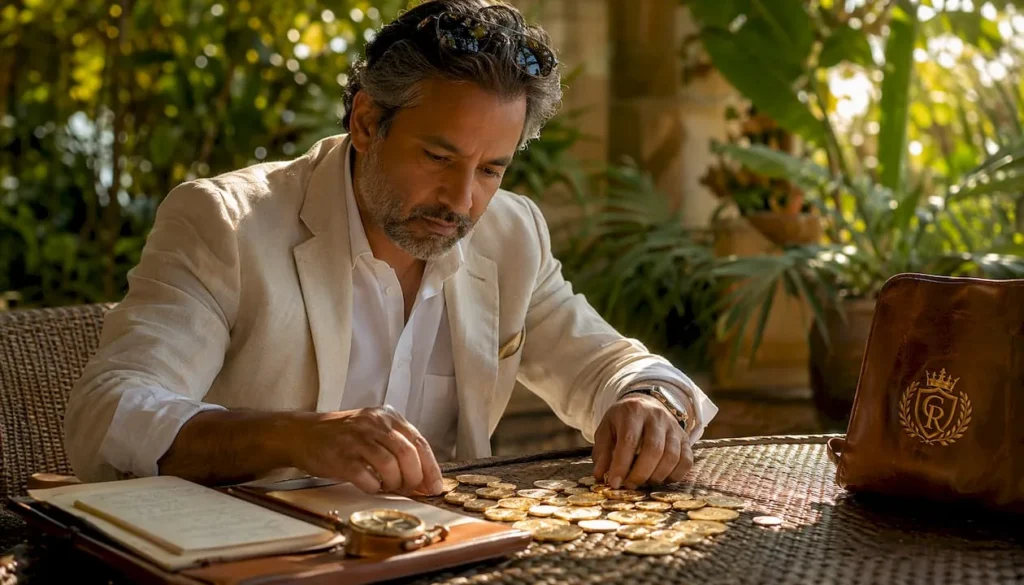 Investor examining gold coin with magnifying glass