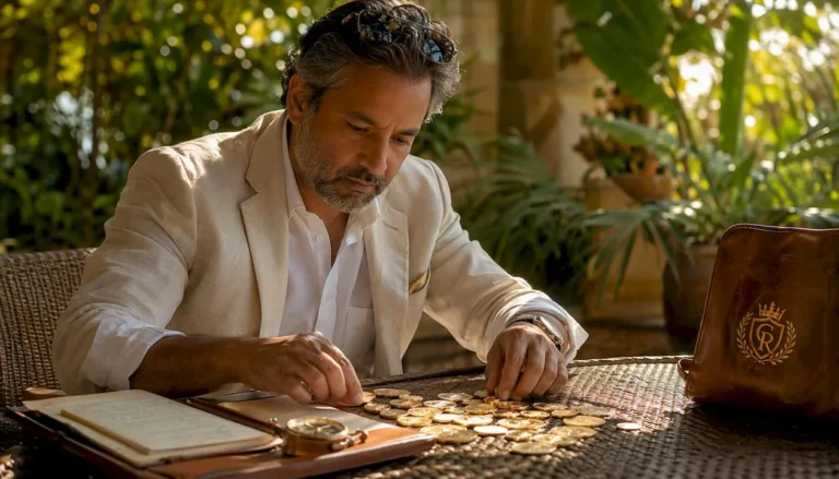 Investor examining gold coin with magnifying glass