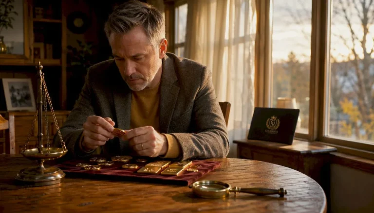 Man examining physical gold bullion at home