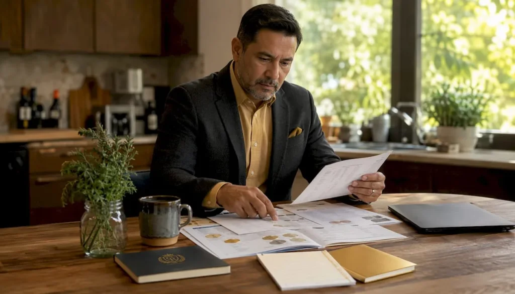 Investor reviewing precious metals dealer options at desk