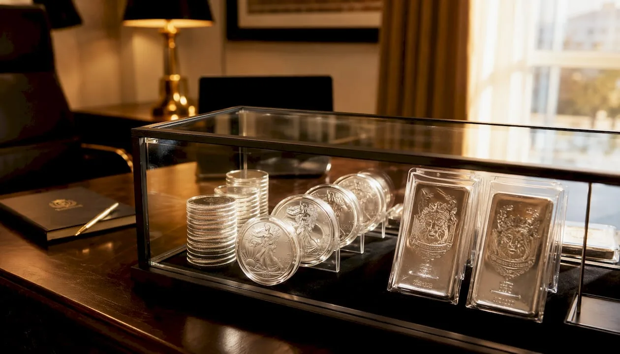 Various physical silver forms on table