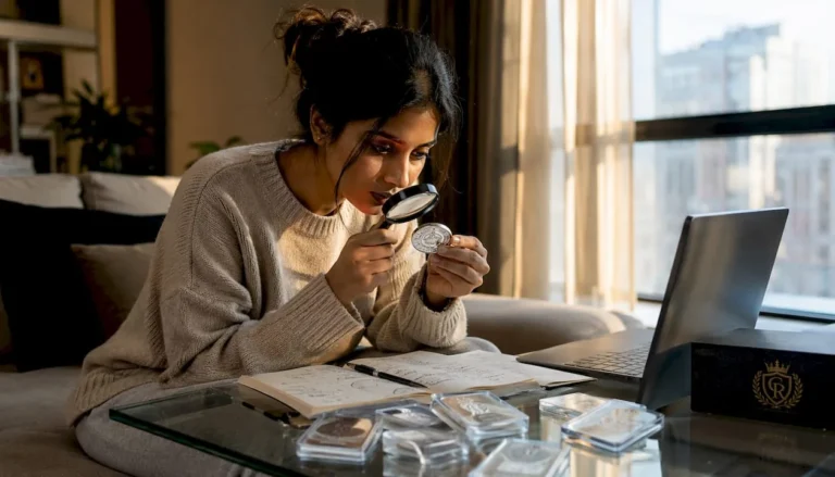 Young woman inspecting silver coin at home