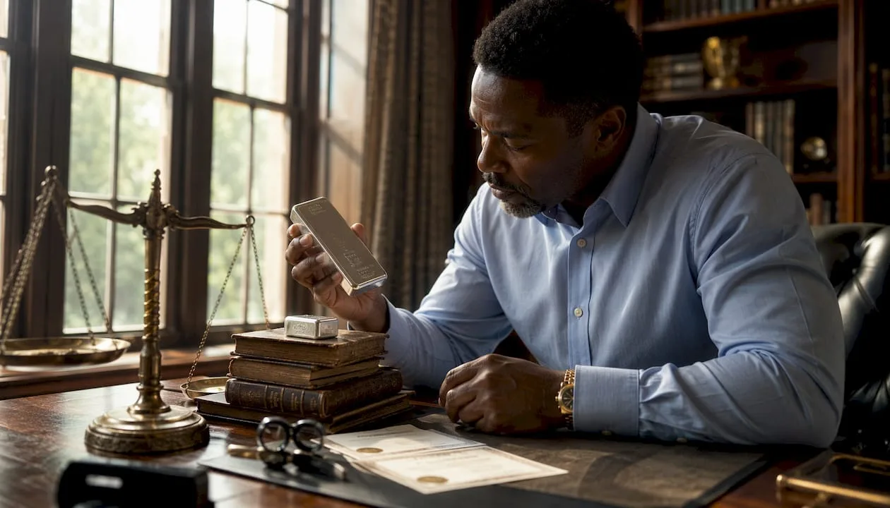 Numismatist comparing silver bars at desk