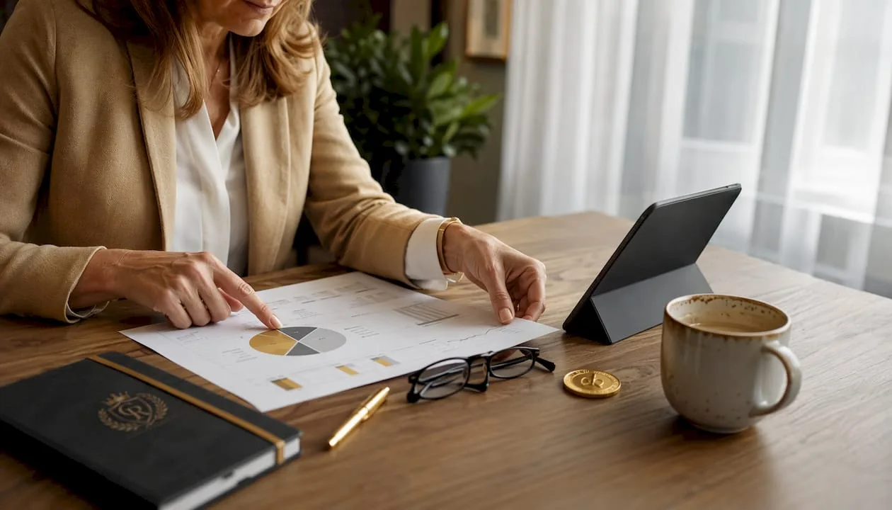 Hands reviewing portfolio allocation with gold coin