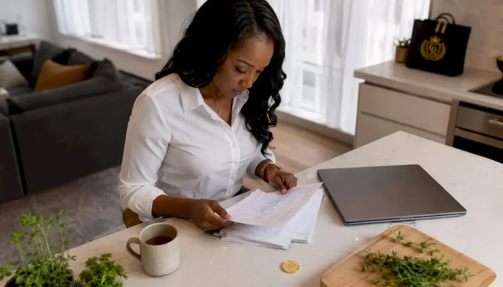 Woman reviewing market data at home desk