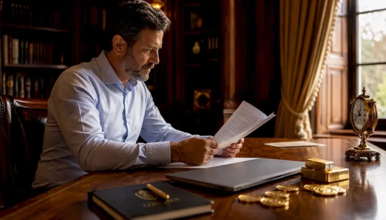 Investor reviewing gold guide in home office