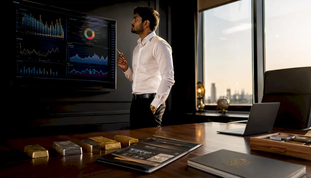 Man analyzing bond charts and metal samples