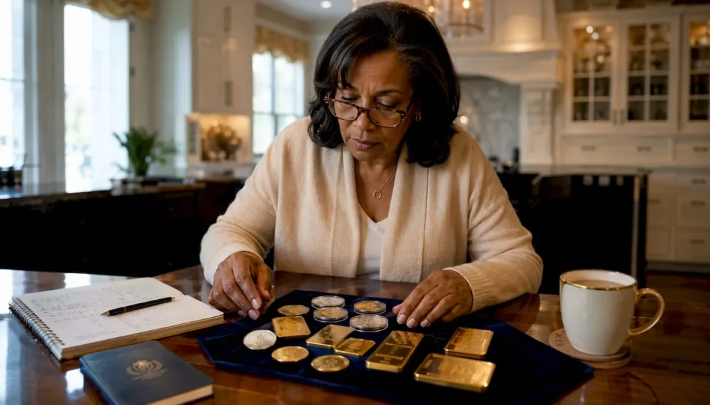 Woman reviewing physical gold and silver coins