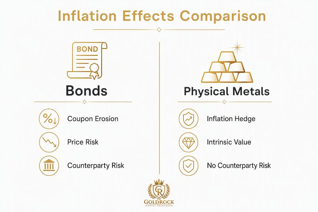 Infographic comparing bonds and physical metals under inflation