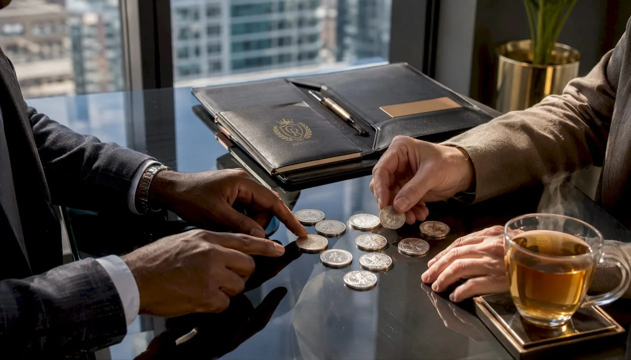 Hands exchanging silver coins on wooden table