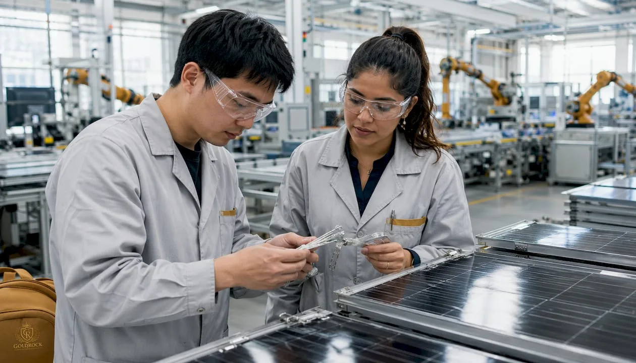 Workers assembling silver components in solar panel factory