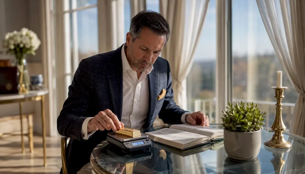 Man weighing gold bar at home office desk