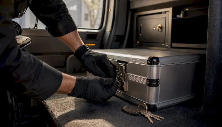 Courier locking metal storage case in armored vehicle