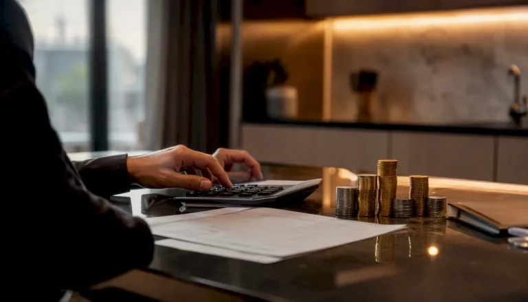 Hand using calculator with coins and report