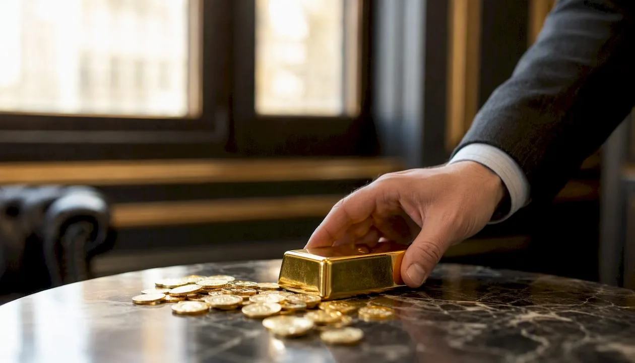 Hand placing gold coin next to bar