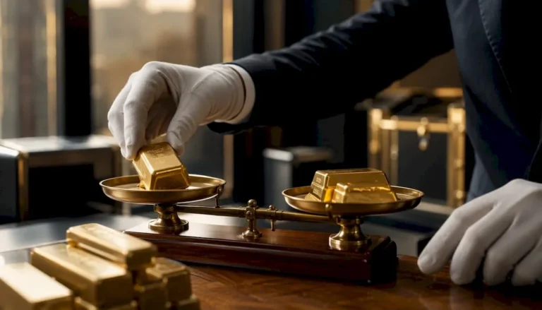 Gloved hand weighing gold bars on scale