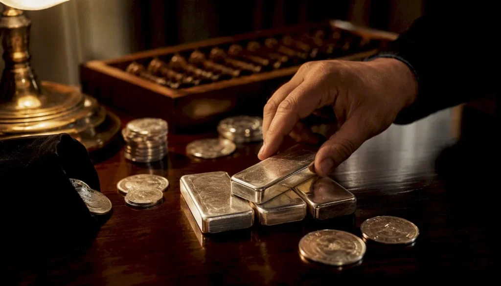 Hand stacking silver bars and coins on desk