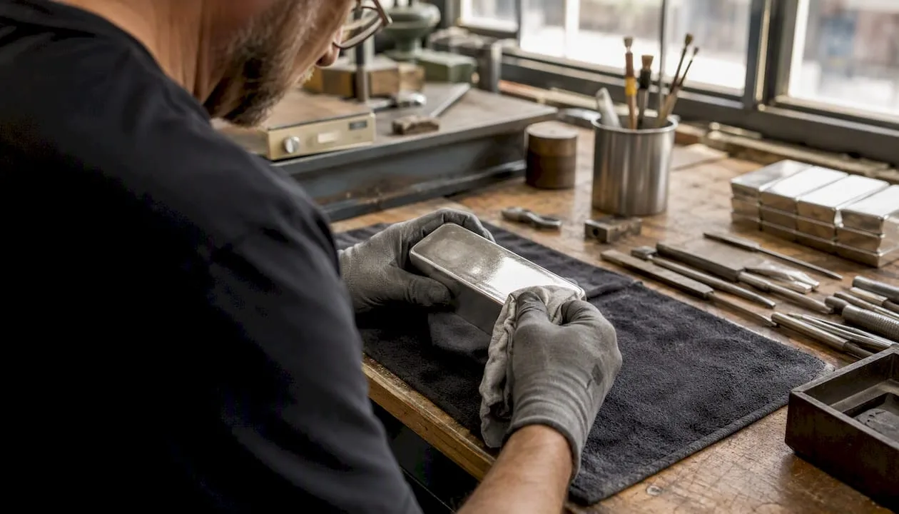 Hands polishing silver bar at refinery