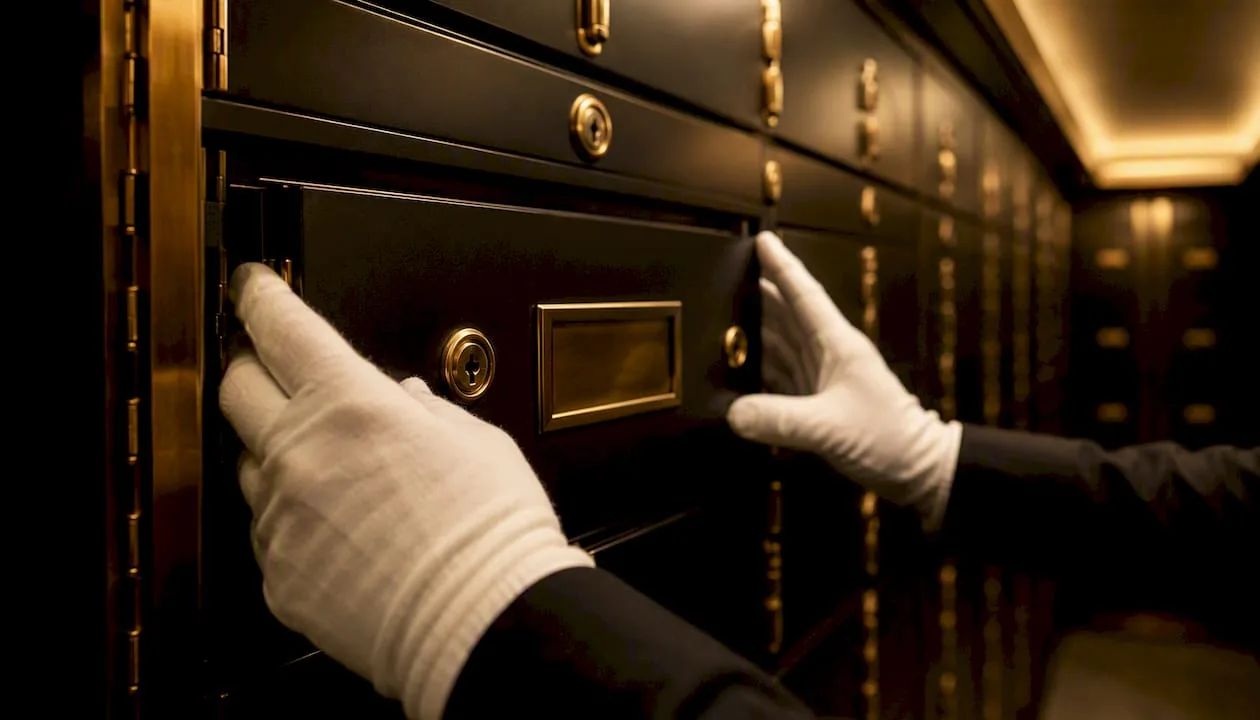 Gloved hands locking safe deposit box in vault