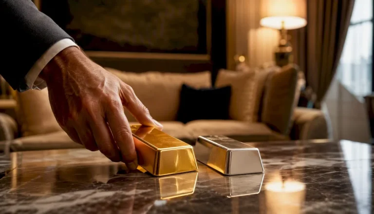 Hand placing gold bar near silver bar on desk