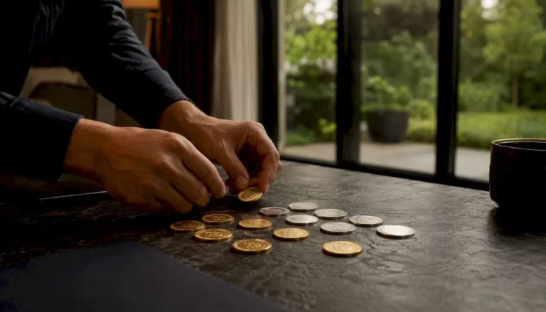 Hands placing gold and silver bullion coins