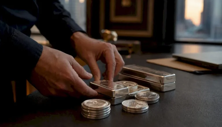 Hands placing silver bullion bars and coins