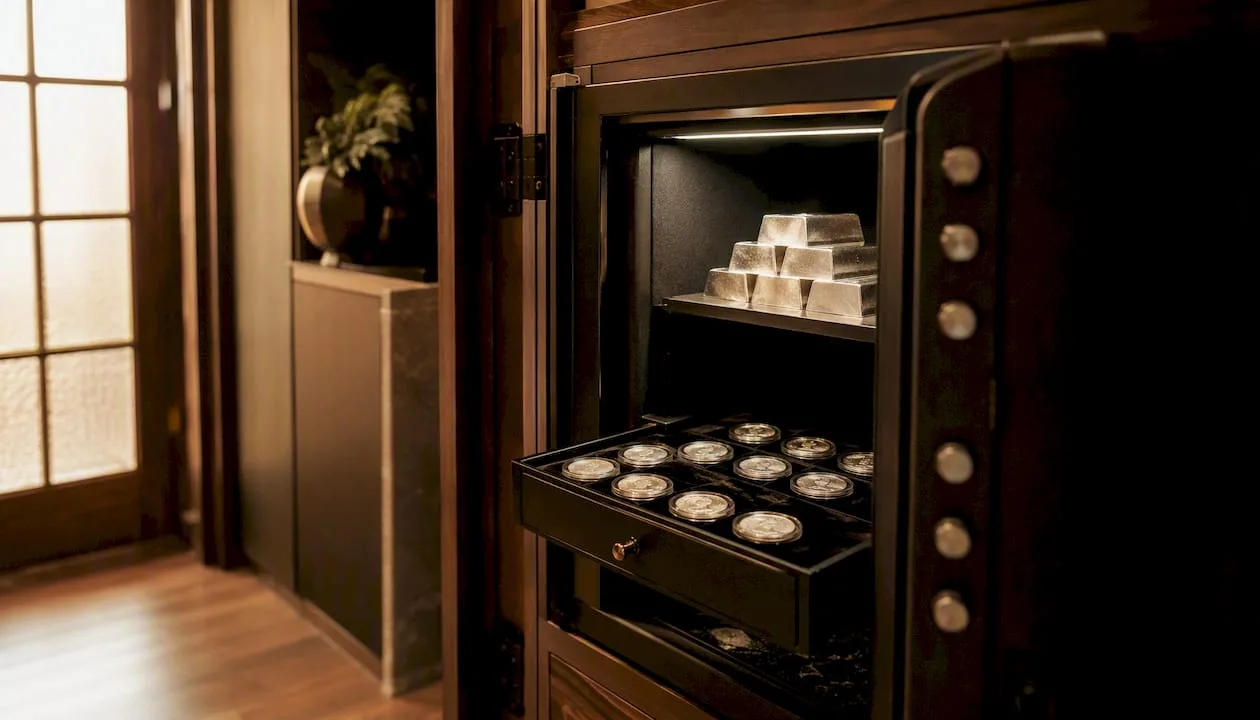 Open home safe with silver bars inside
