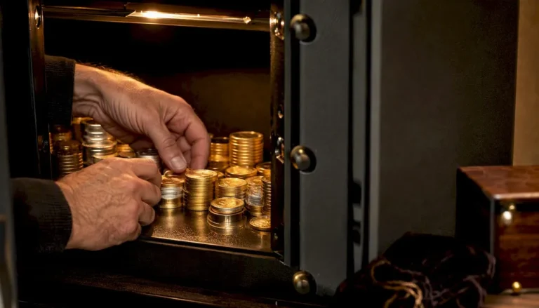 Hands stacking gold and silver bullion bars in vault