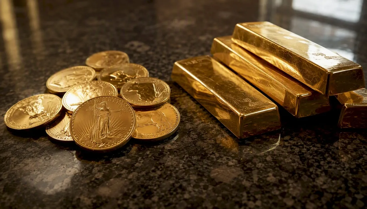 Gold bullion bars and coins displayed side by side
