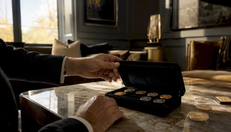 Hands placing bullion coins box on office desk