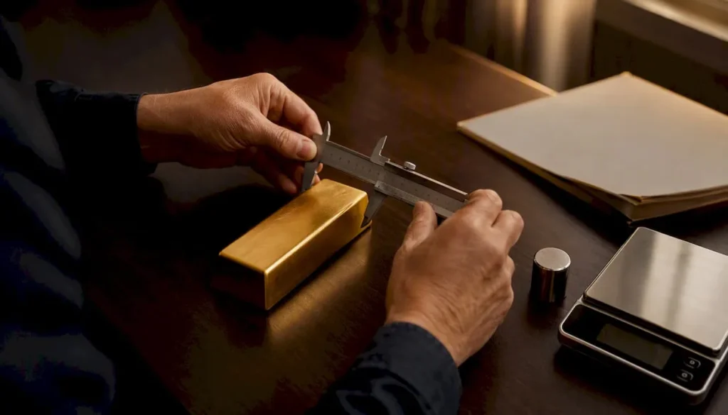 Gold verification tools on white workspace surface