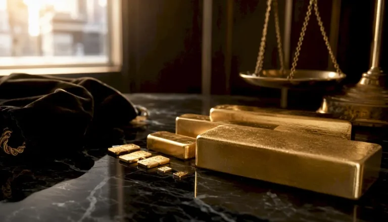 Various sizes of gold bars on stone surface