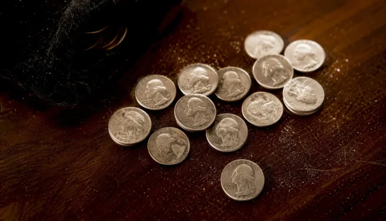 Close-up of pre-1965 silver quarters