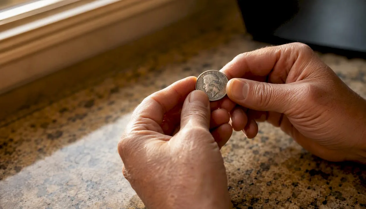 Hands carefully examining a silver quarter