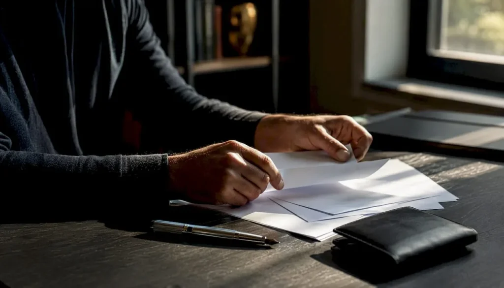 Hands arranging IRA application documents on desk