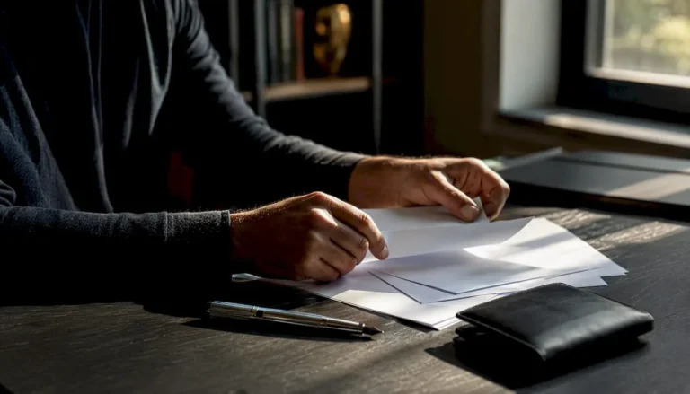 Hands arranging IRA application documents on desk