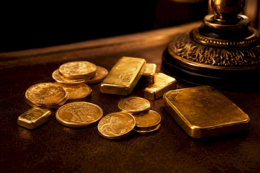 Close-up of gold coins and bars showing purity