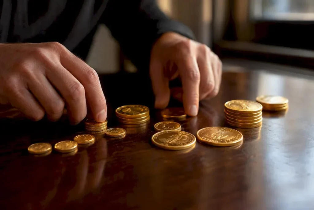 Hands arranging gold coins on dark surface
