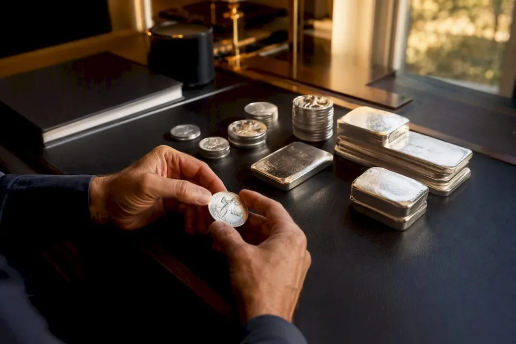 Silver bullion bars and coins on wood table