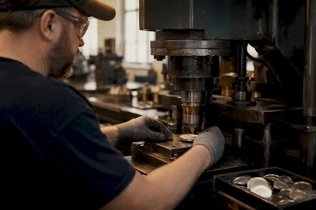 Mint worker striking silver coin